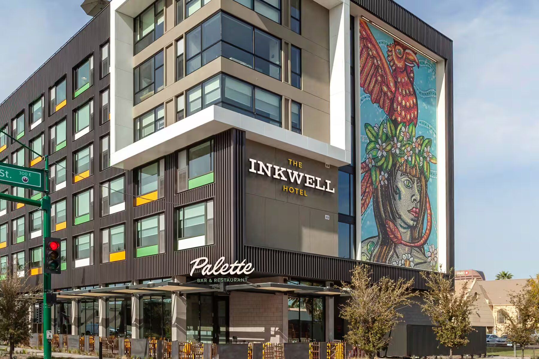 The Inkwell Hotel on its corner in downtown Phoenix, with Palette Bar and Restaurant at street level