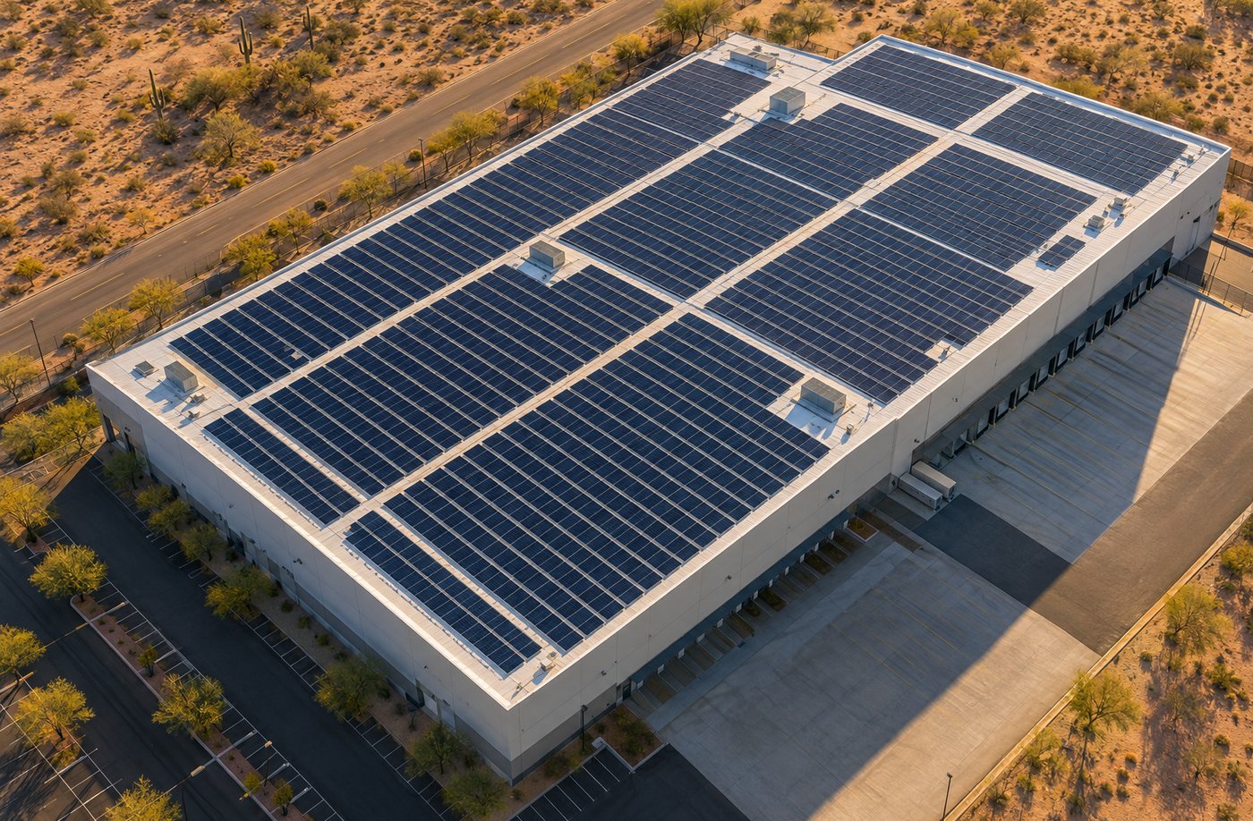 Commercial rooftop solar array in the Arizona desert